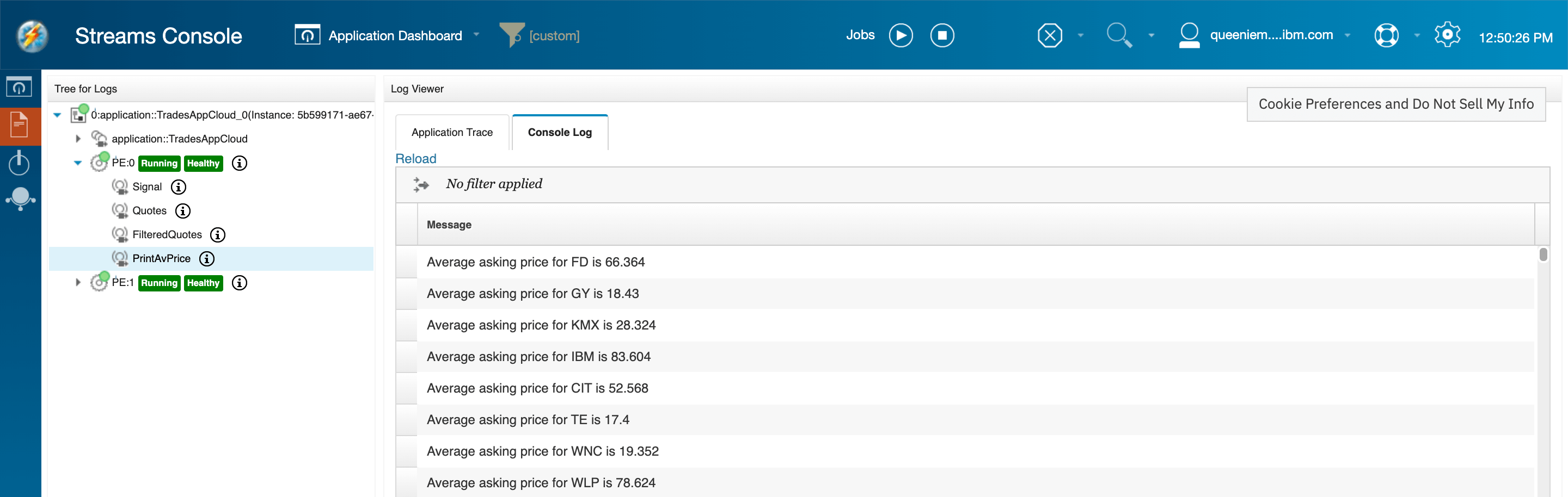 Streams Console: view application logs