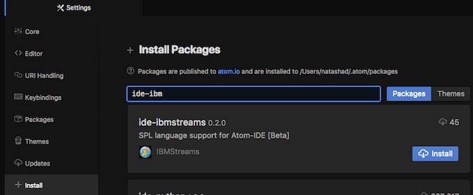 Screenshot of Atom package install