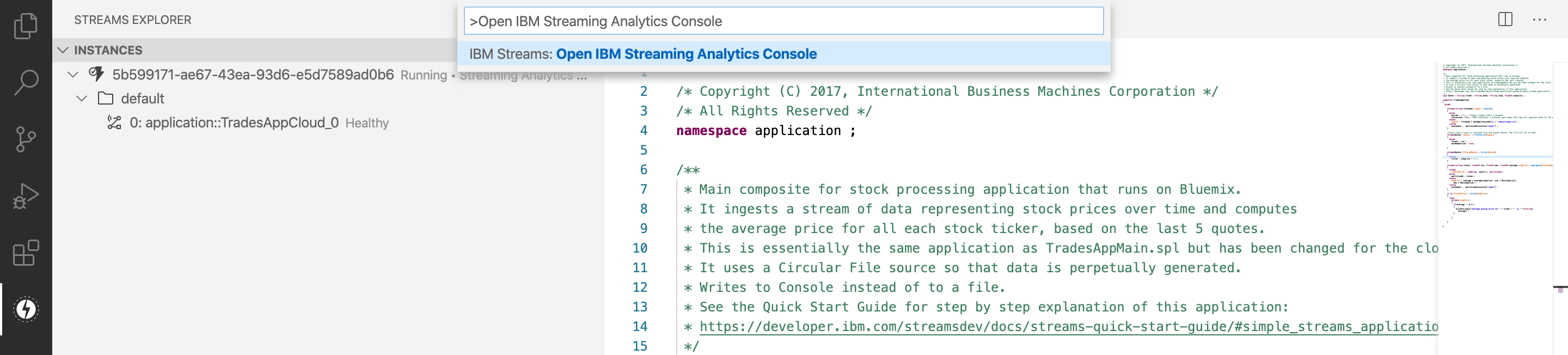 Launch Streams Console: Open IBM Streaming Analytics Console command