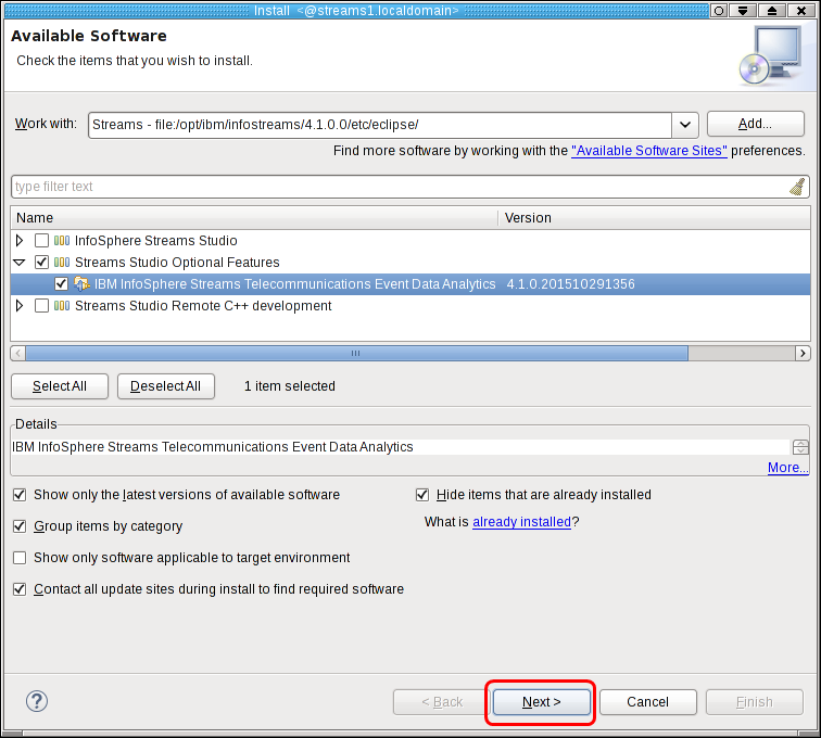 Available Software dialog